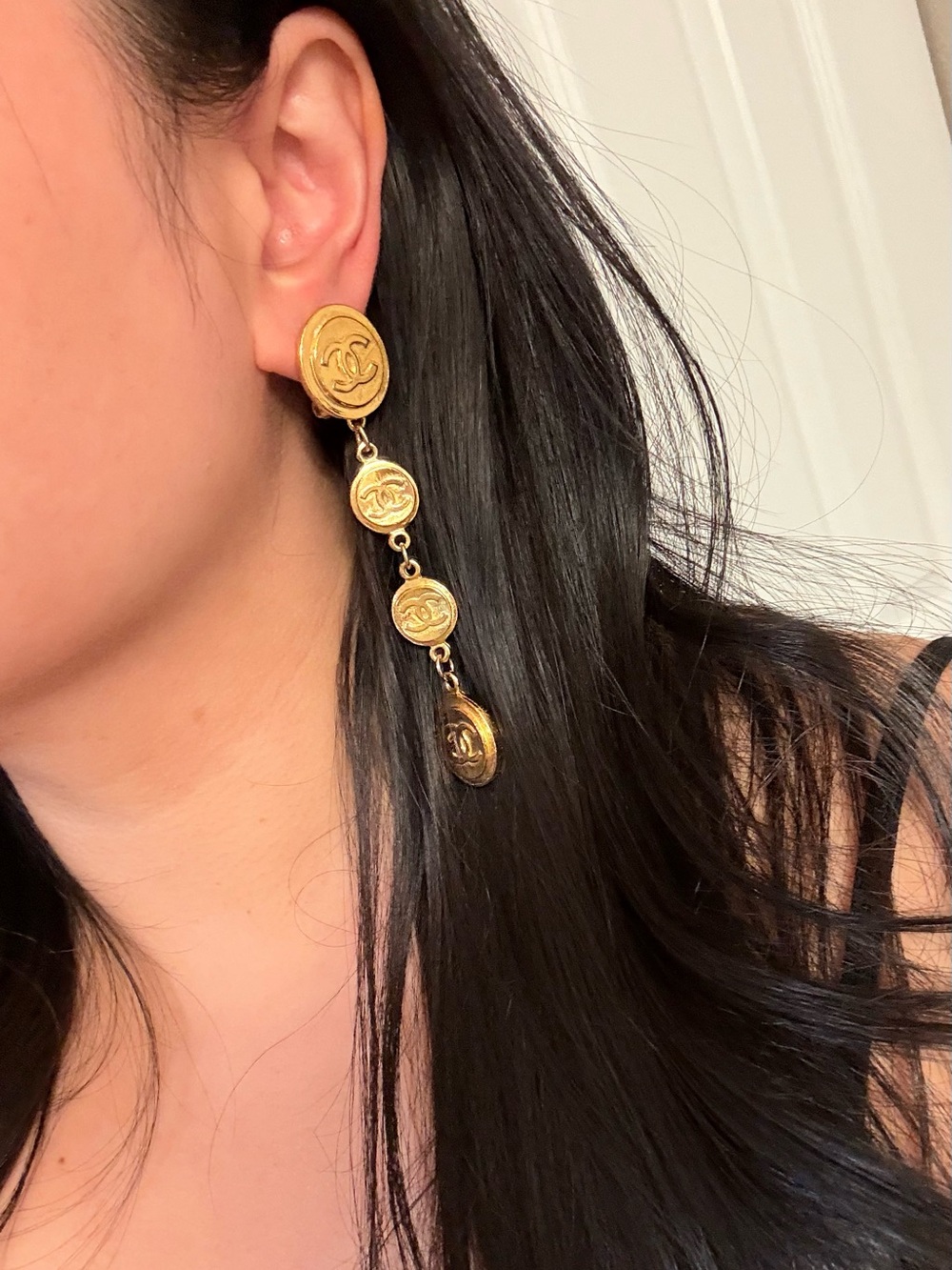 CHANEL Vintage Gold Drop CC Coin Dangle Clip On Earrings